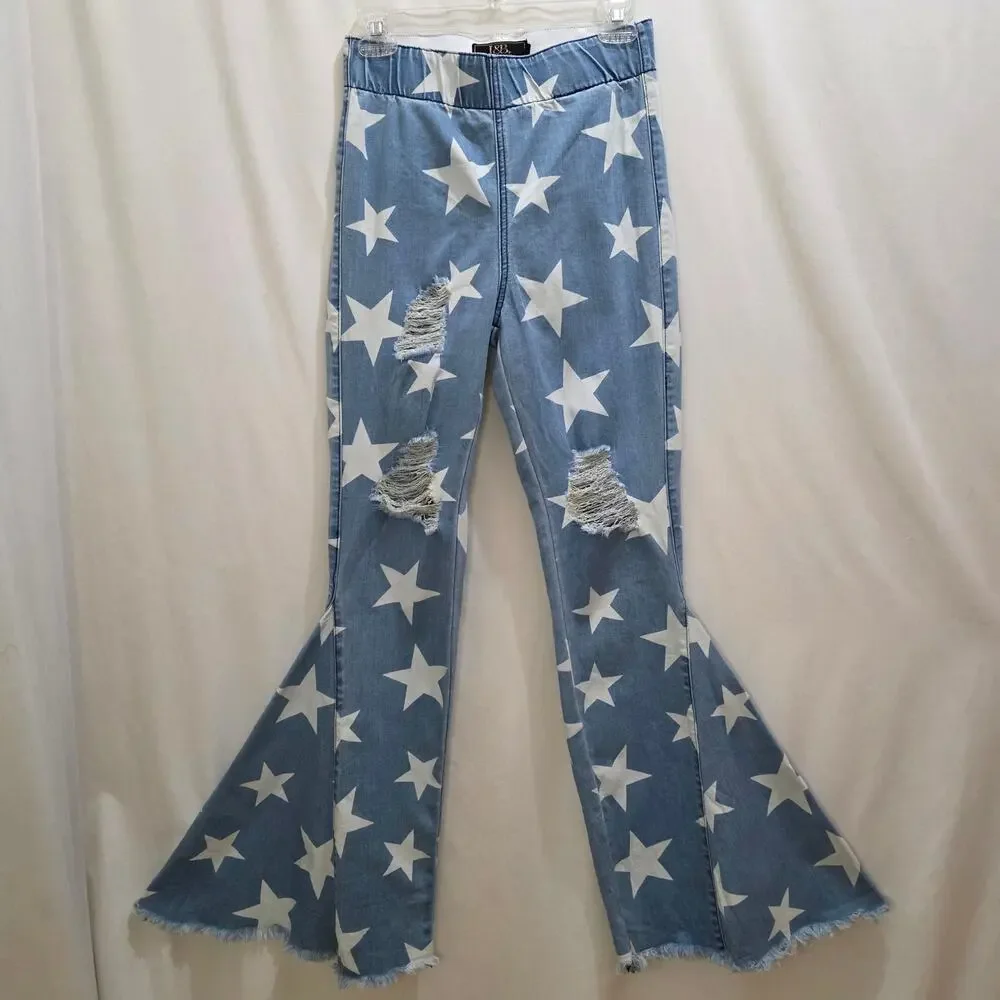 L&B Lucky and Blessed Retro Boho American Stars Pull-on Wide Leg Flare Jeans, SM - Picture 2 of 10